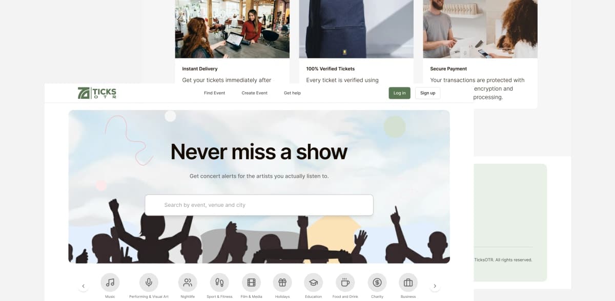 TicksOTR event discovery homepage