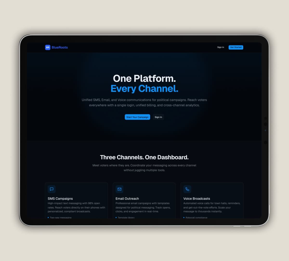 BlueRoots SMS campaign creation and scheduling interface