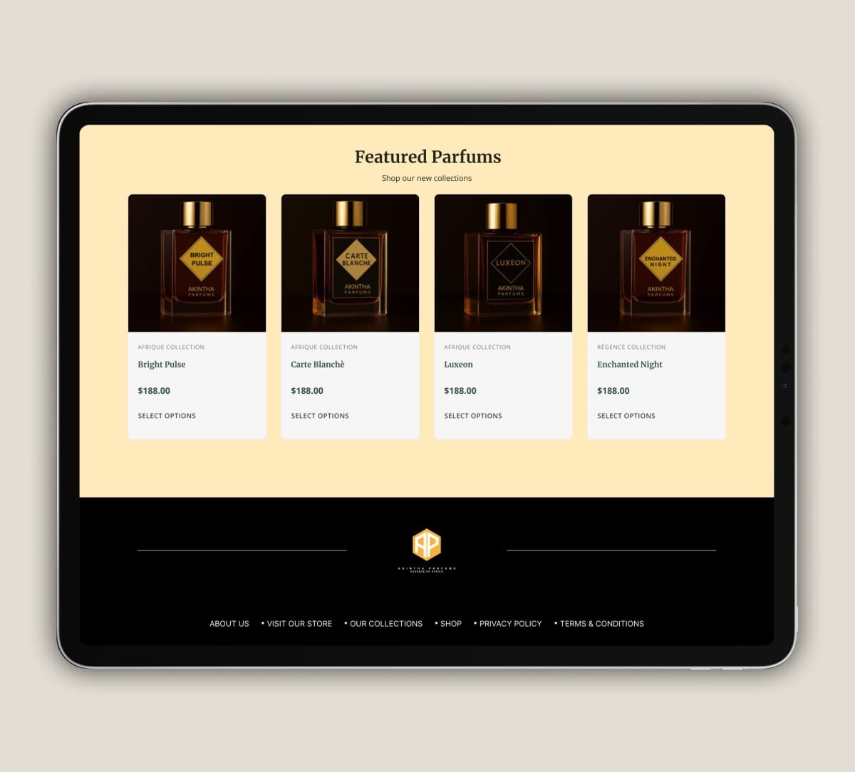 Akintha Parfums collection page design with luxury product grid