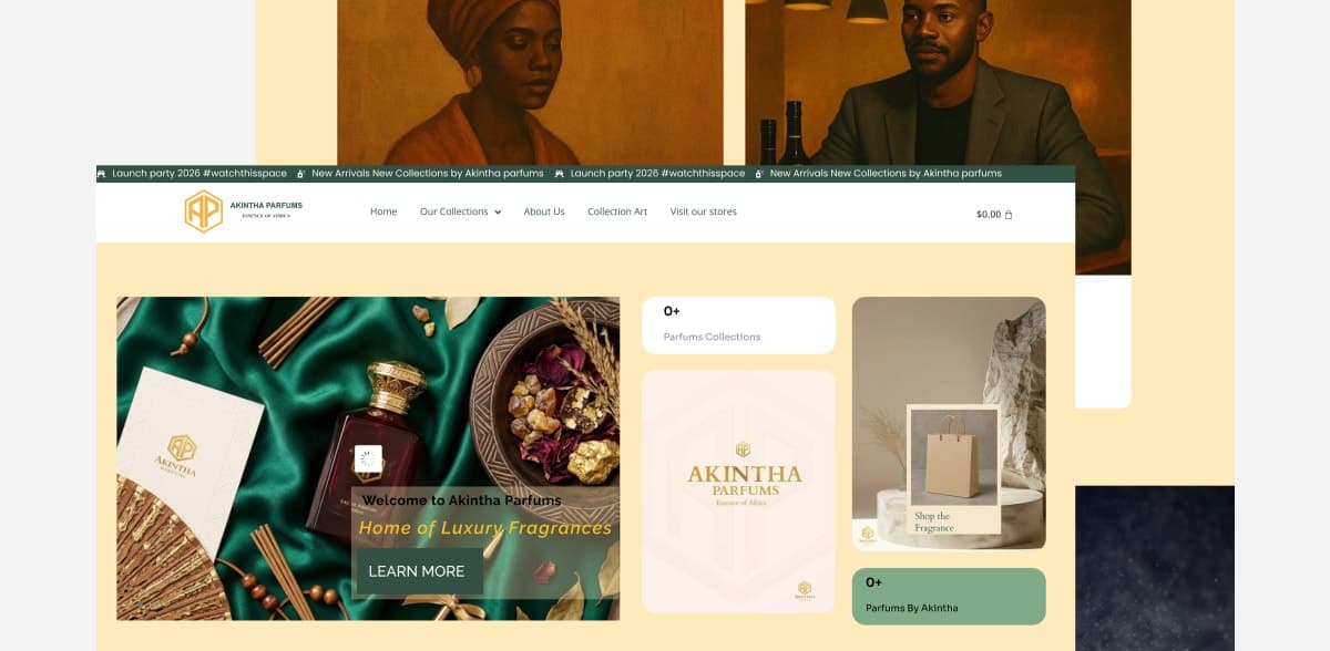 Akintha Parfums luxury fragrance e-commerce homepage with hero imagery