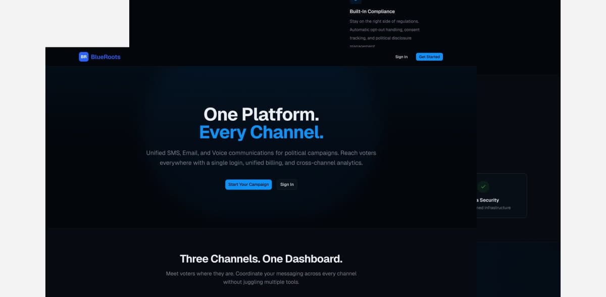 BlueRoots campaign communication platform homepage with voter outreach dashboard