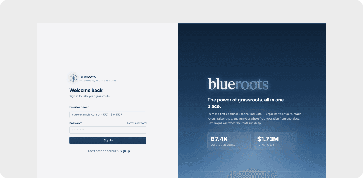 BlueRoots unified campaign dashboard with outreach and analytics views